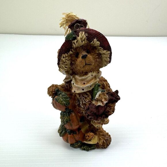 Harvest Bear Figurine Ornament Straw Hat Pumpkin Stack Thanksgiving Fall Resin - Picture 2 of 9
